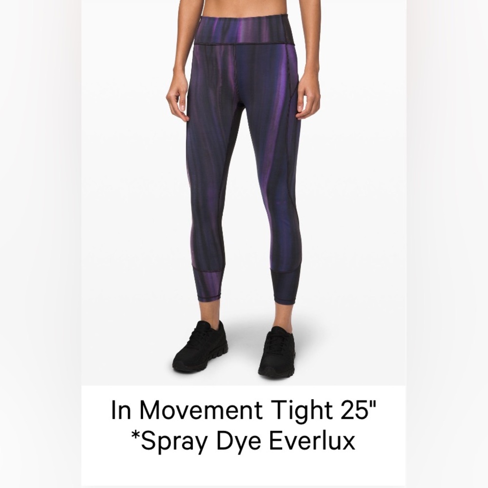 LULULEMON IN MOVEMENT HIGH RISE TIGHT 25” Everlux SIZE 4 purple spray